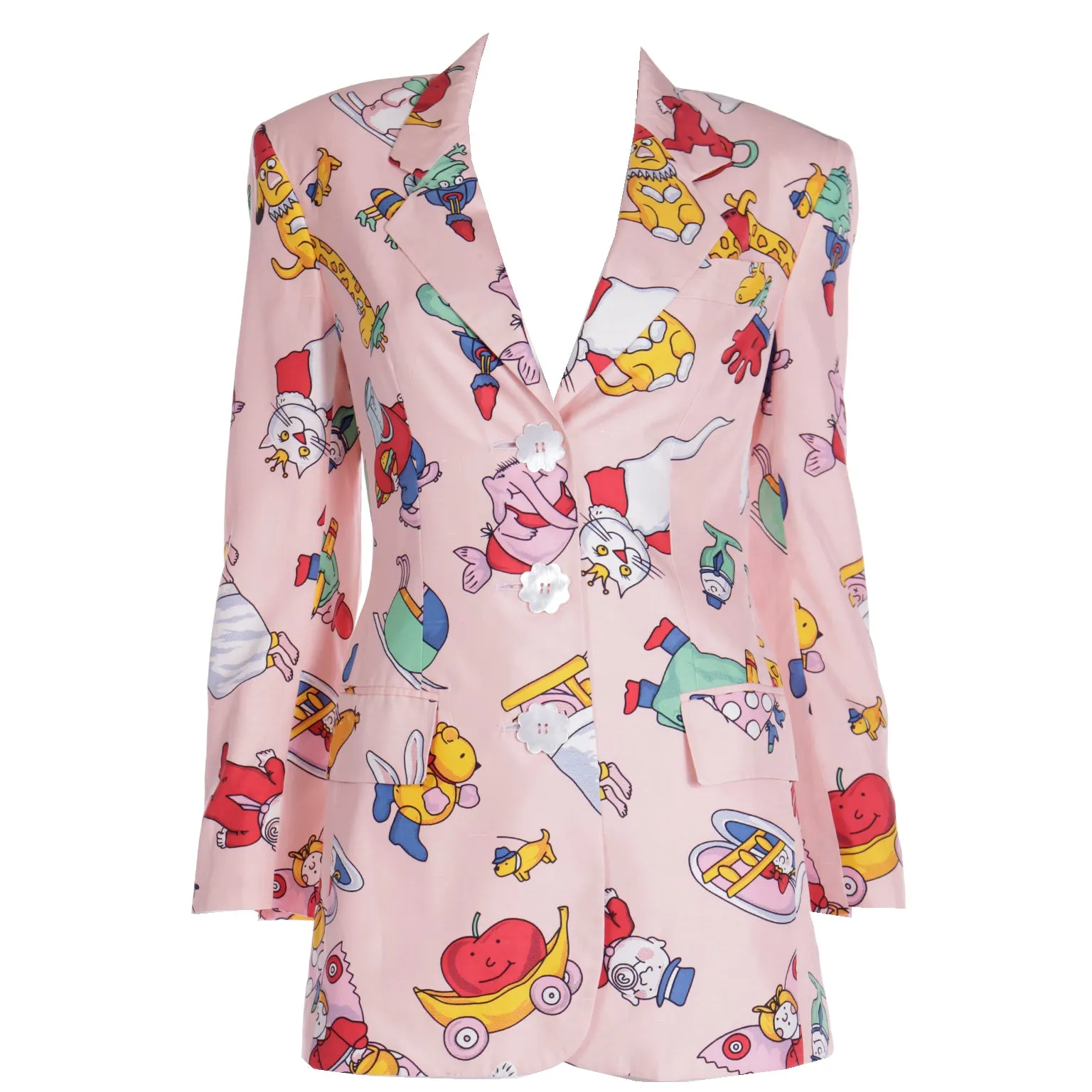 1990s Moschino Couture Pink Cartoon Character Longline Blazer Jacket