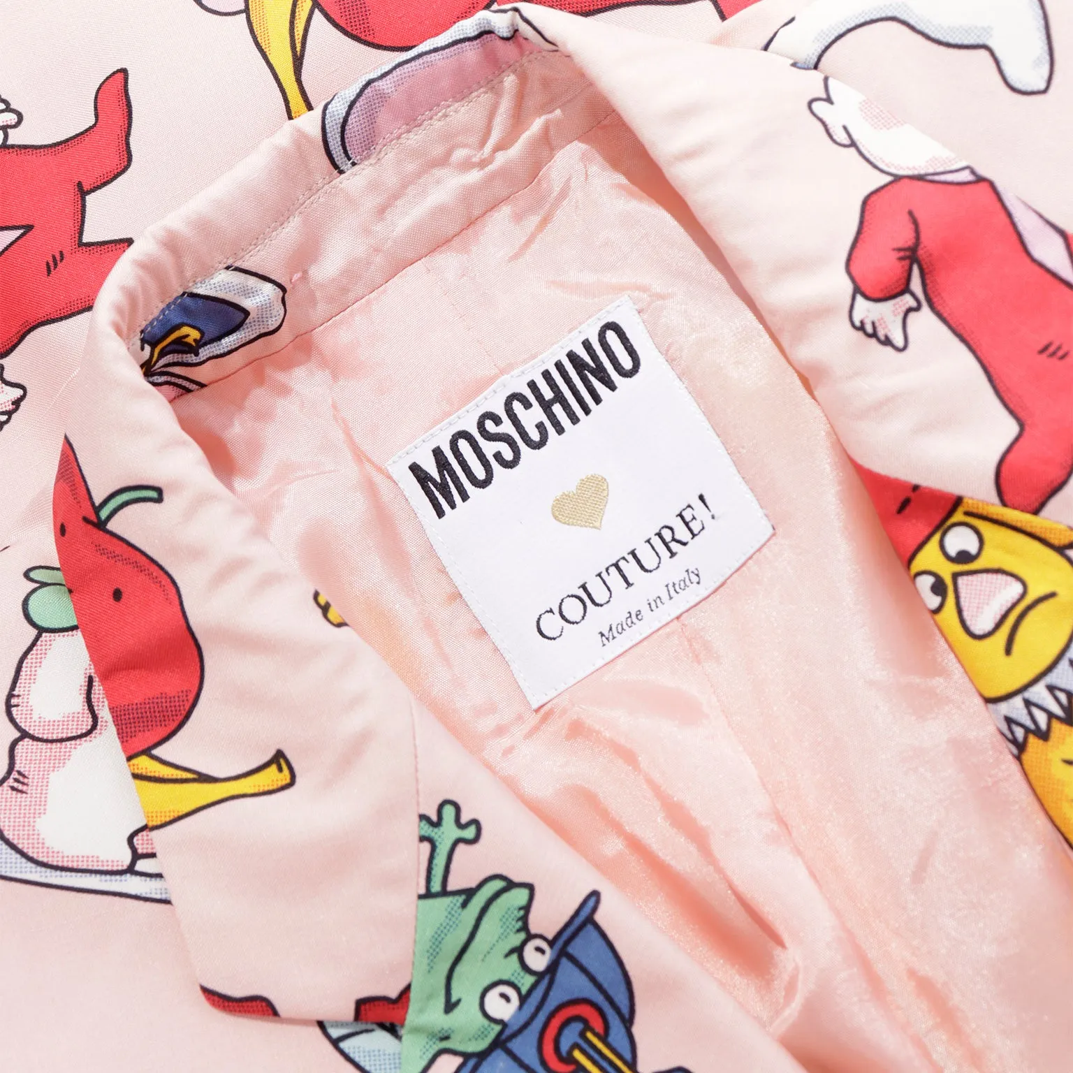 1990s Moschino Couture Pink Cartoon Character Longline Blazer Jacket