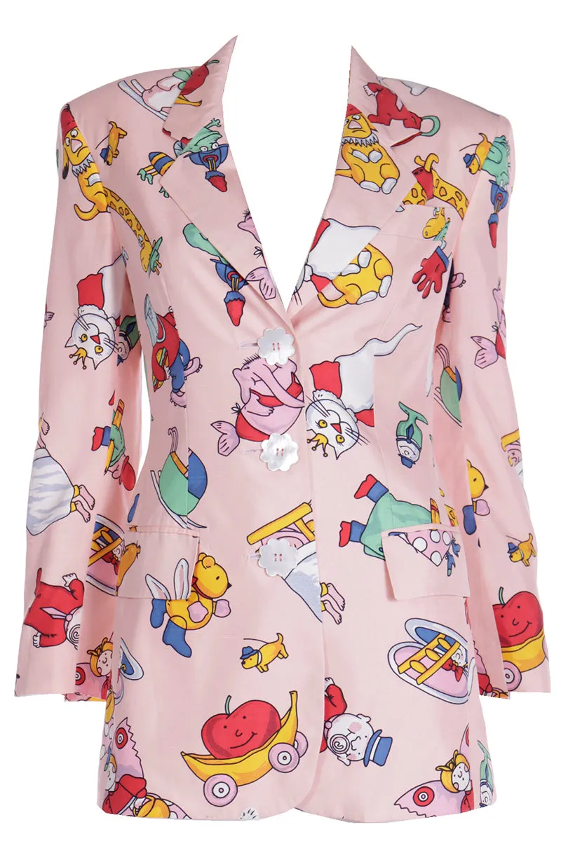 1990s Moschino Couture Pink Cartoon Character Longline Blazer Jacket