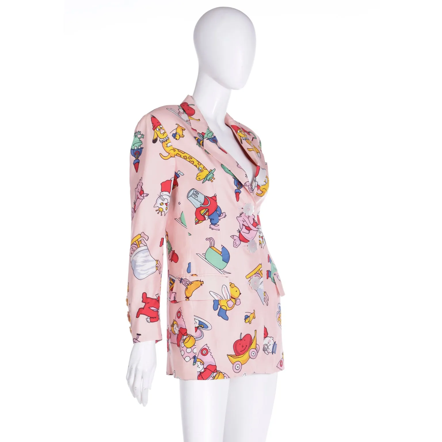 1990s Moschino Couture Pink Cartoon Character Longline Blazer Jacket