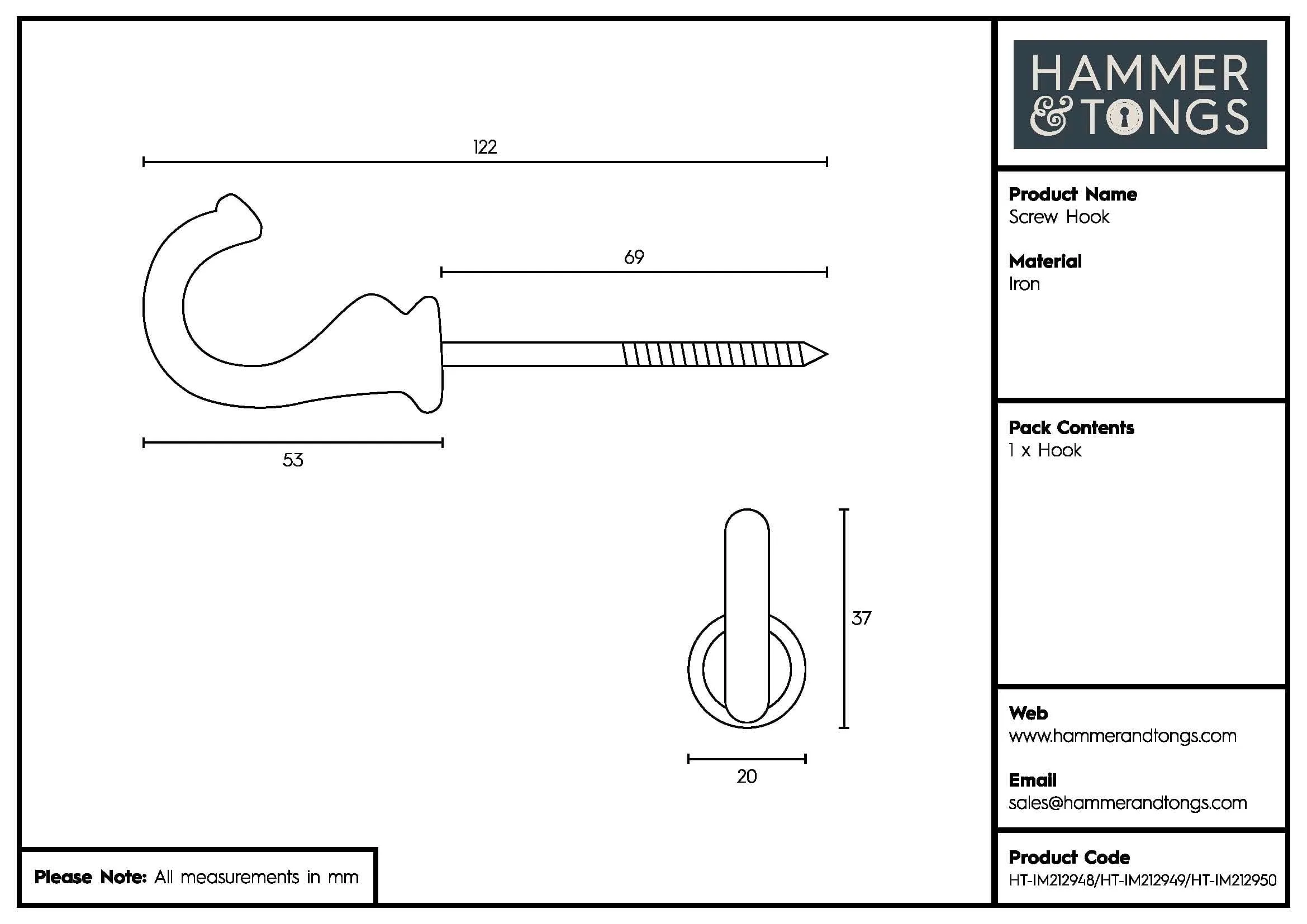 20mm x 35mm Screw Hook - By Hammer & Tongs