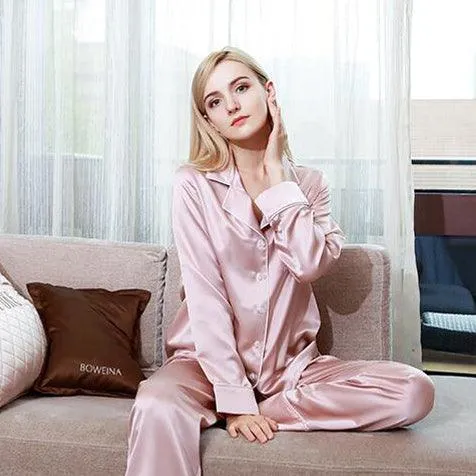 22 Momme Classic Piped Silk Pyjamas Set for Women Long Sleeves 100%  Silk Sleepwear