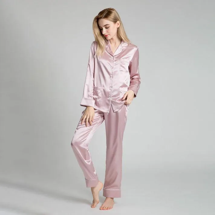 22 Momme Classic Piped Silk Pyjamas Set for Women Long Sleeves 100%  Silk Sleepwear