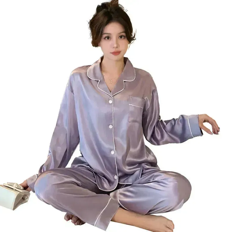 2pcs Long sleeve Silk Pajamas for women