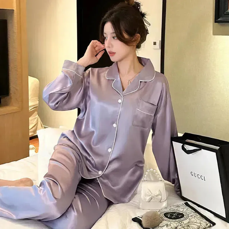 2pcs Long sleeve Silk Pajamas for women