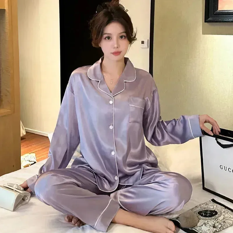 2pcs Long sleeve Silk Pajamas for women