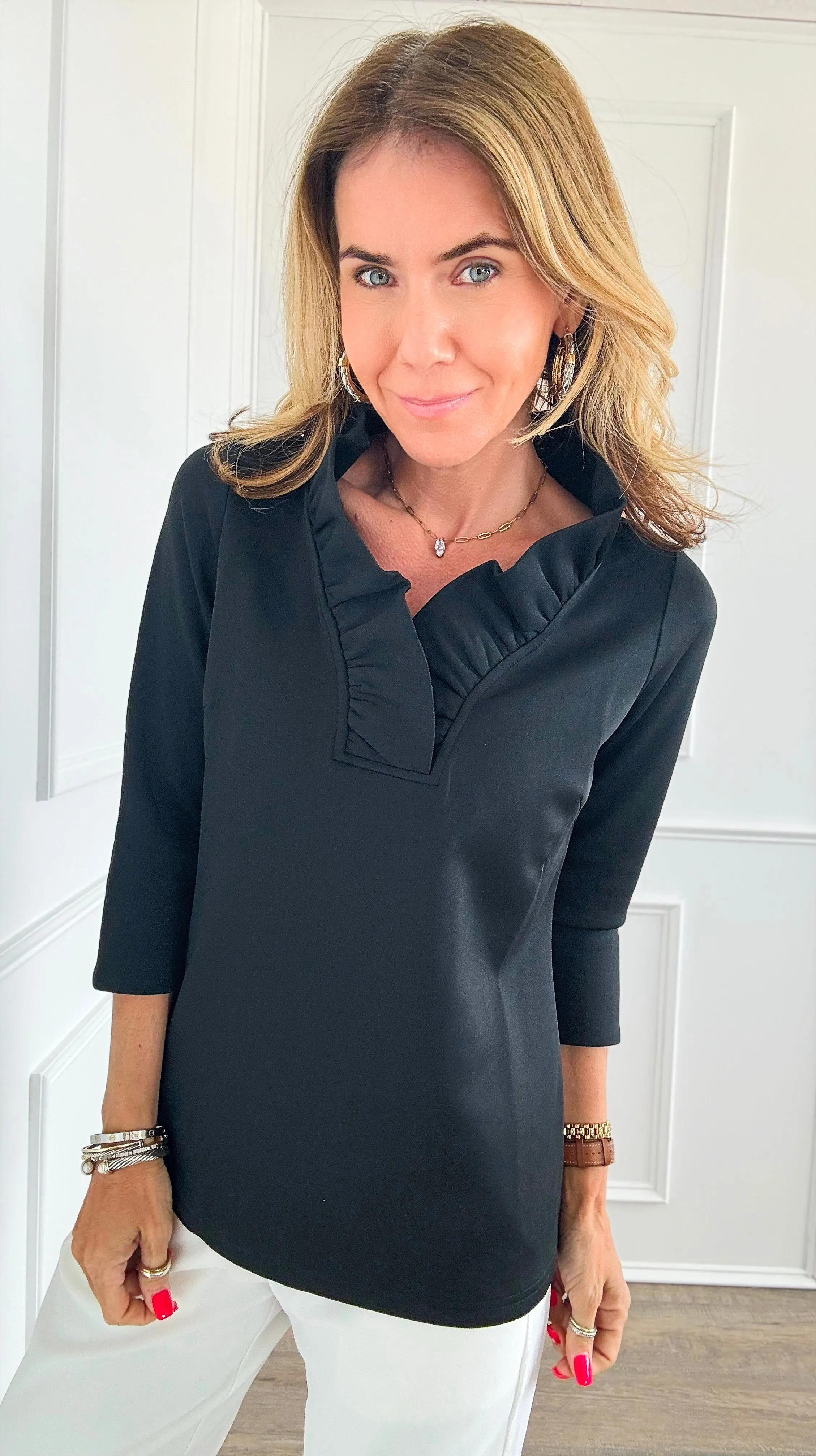 3/4 Sleeves Ruffled Neck Blouse - Black