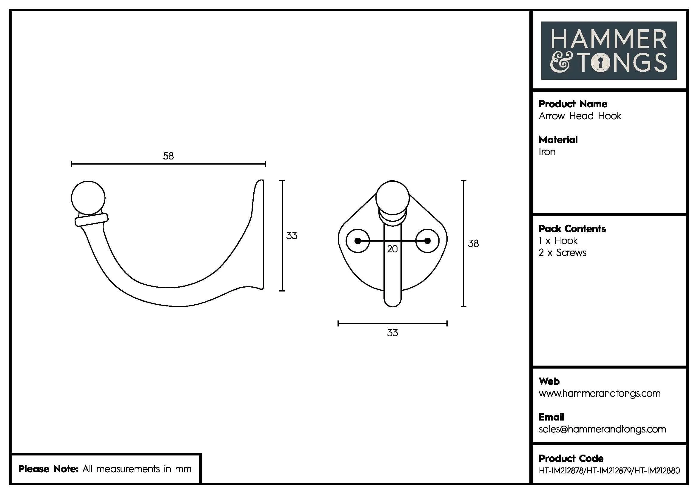 35mm x 40mm Arrow Head Hook - By Hammer & Tongs