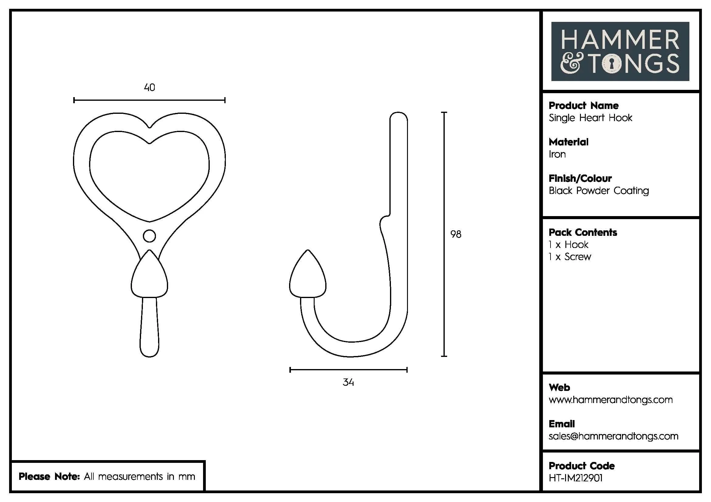 40mm x 100mm Black Single Heart Hook - By Hammer & Tongs