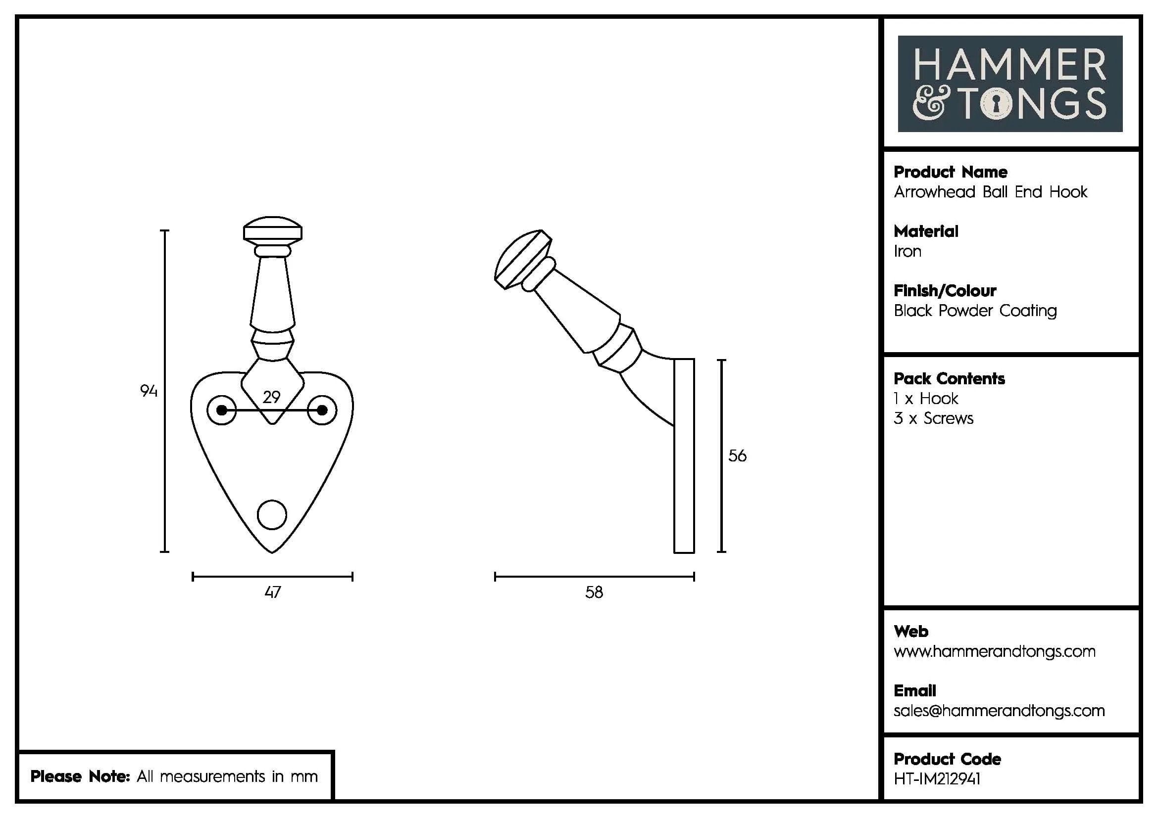 45mm x 95mm Black Arrowhead Ball End Hook - By Hammer & Tongs