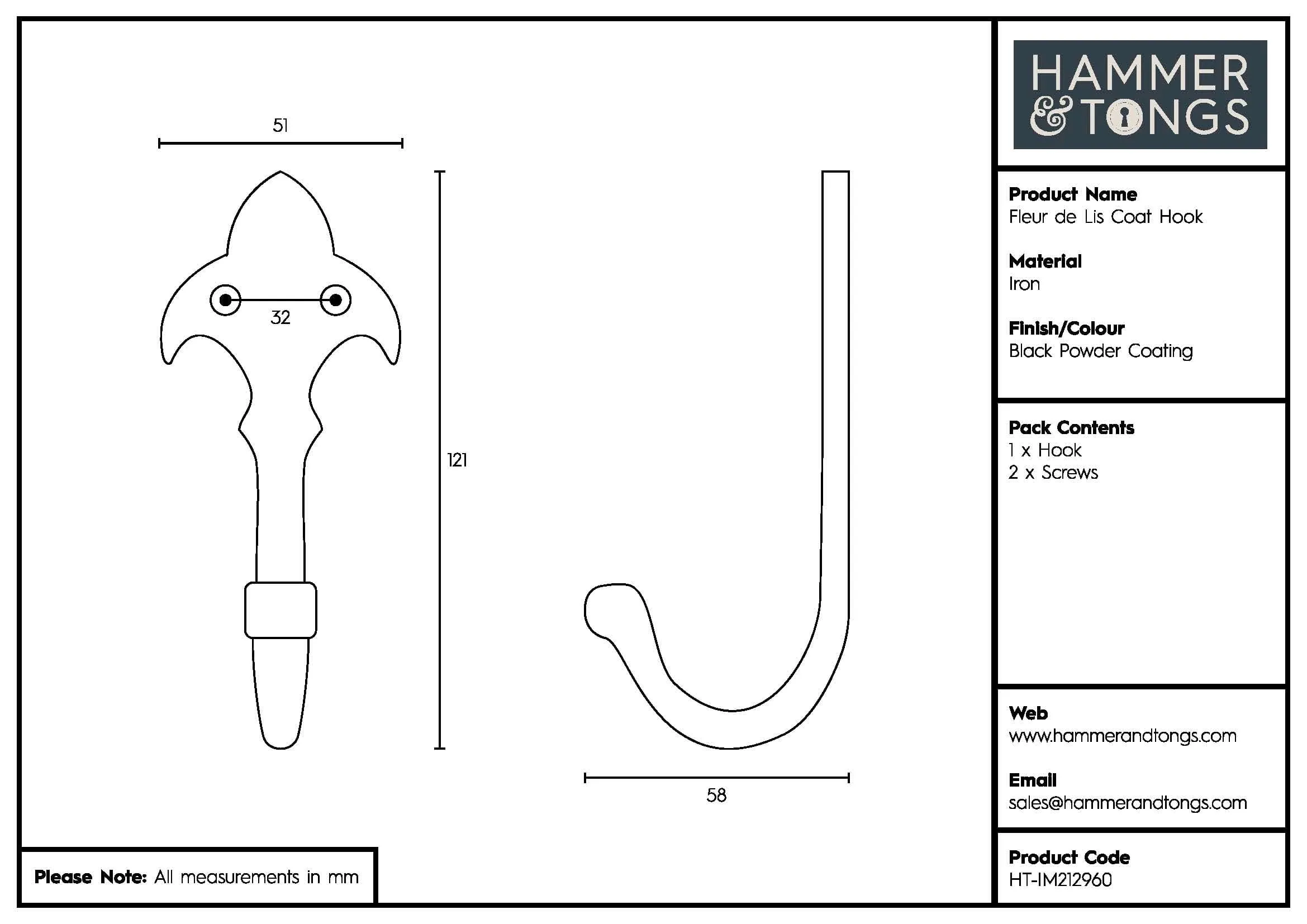 50mm x 120mm Black Fleur De Lis Coat Hook - By Hammer & Tongs