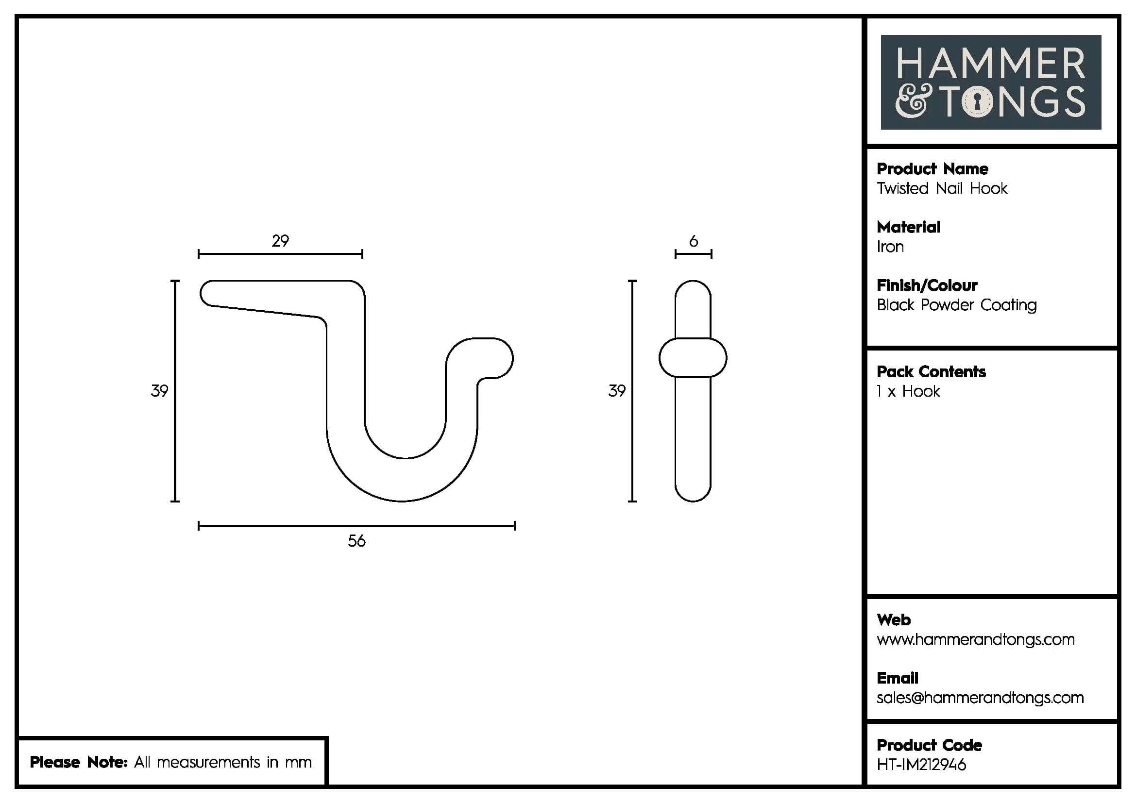 5mm x 40mm Black Twisted Nail Hook - By Hammer & Tongs