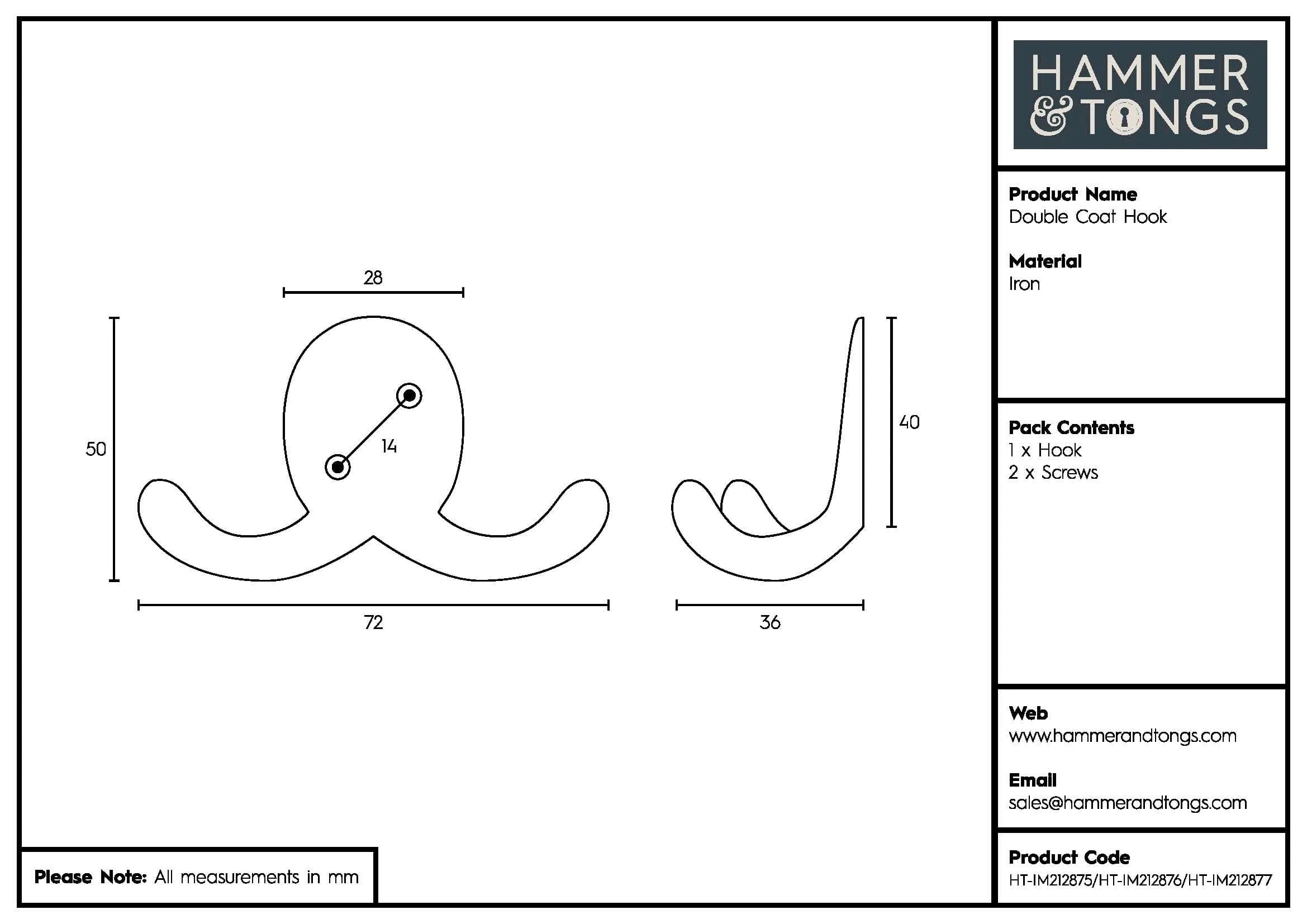 70mm x 50mm Double Coat Hook - By Hammer & Tongs