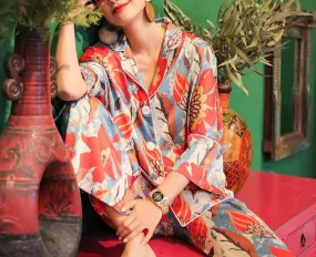 Abstract Floral Faux Silk Pajamas