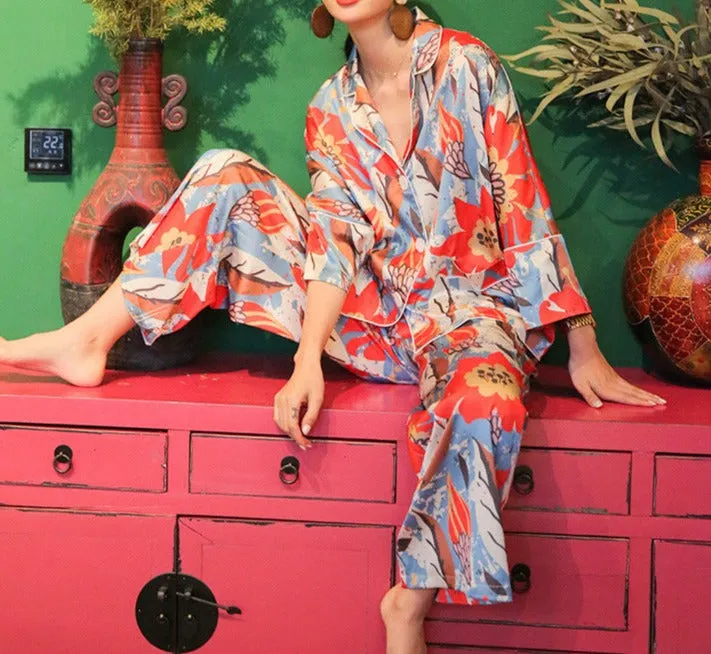 Abstract Floral Faux Silk Pajamas