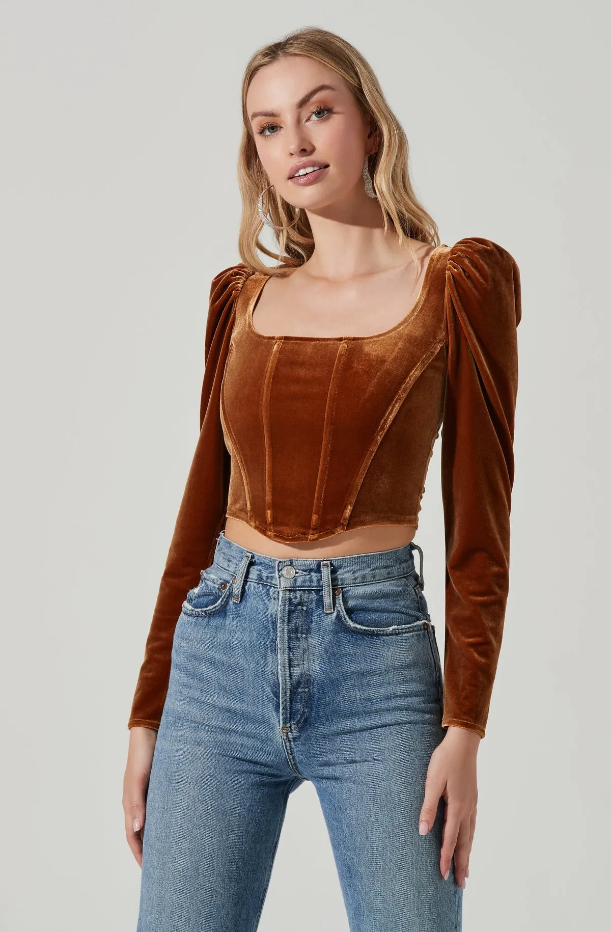 ASTR The Label Ashbury Velvet Corset Long Sleeve Top in Gold