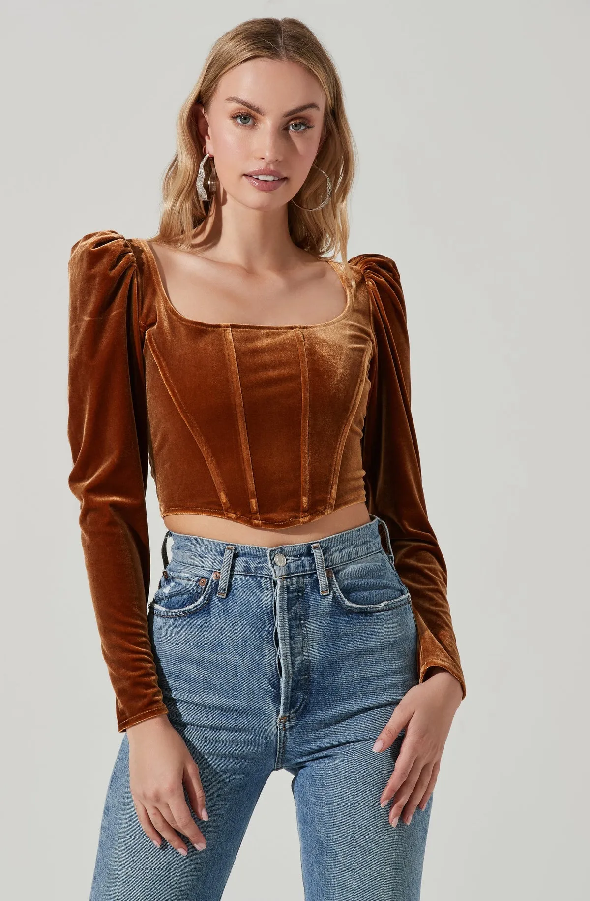 ASTR The Label Ashbury Velvet Corset Long Sleeve Top in Gold