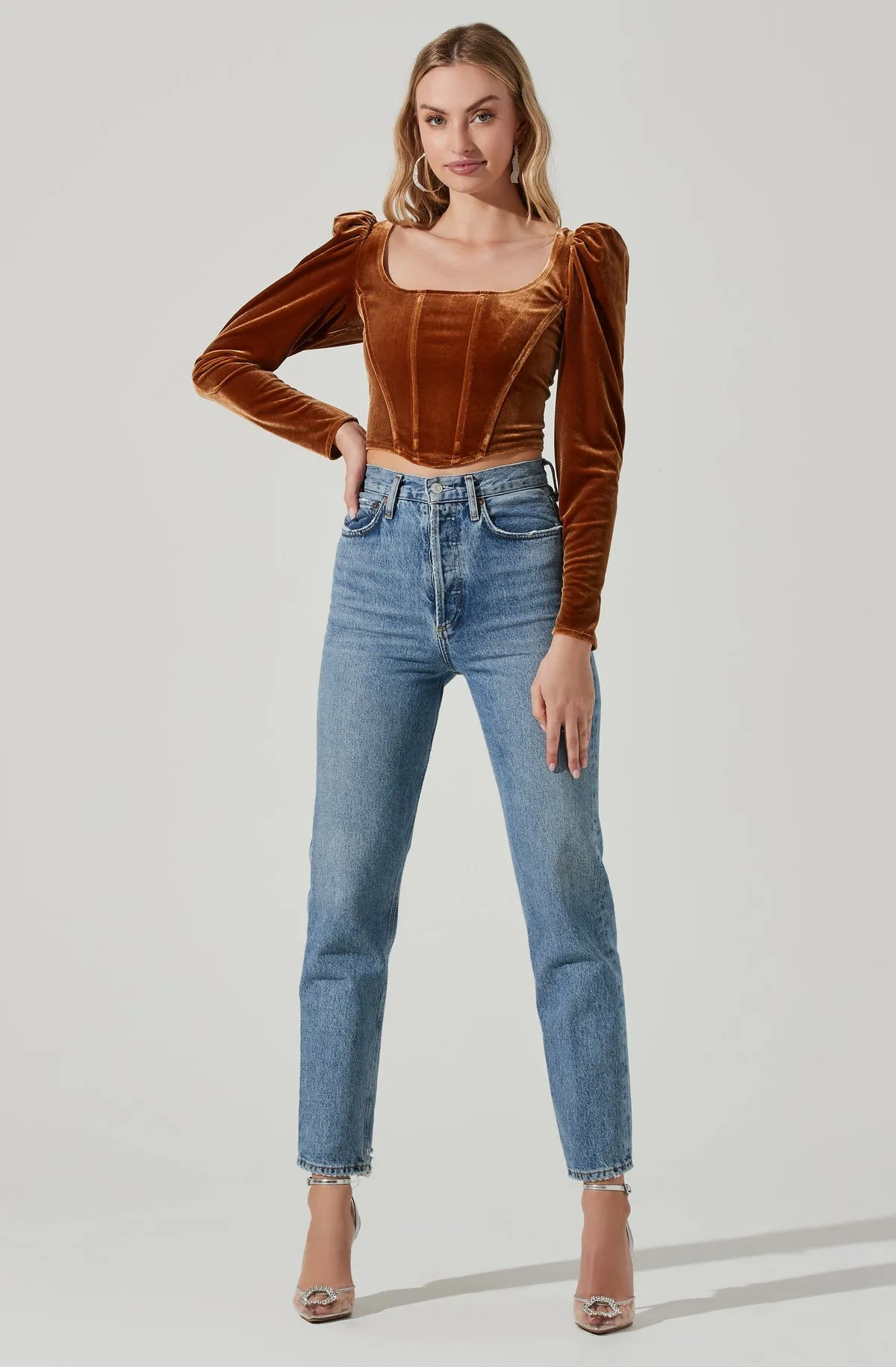 ASTR The Label Ashbury Velvet Corset Long Sleeve Top in Gold