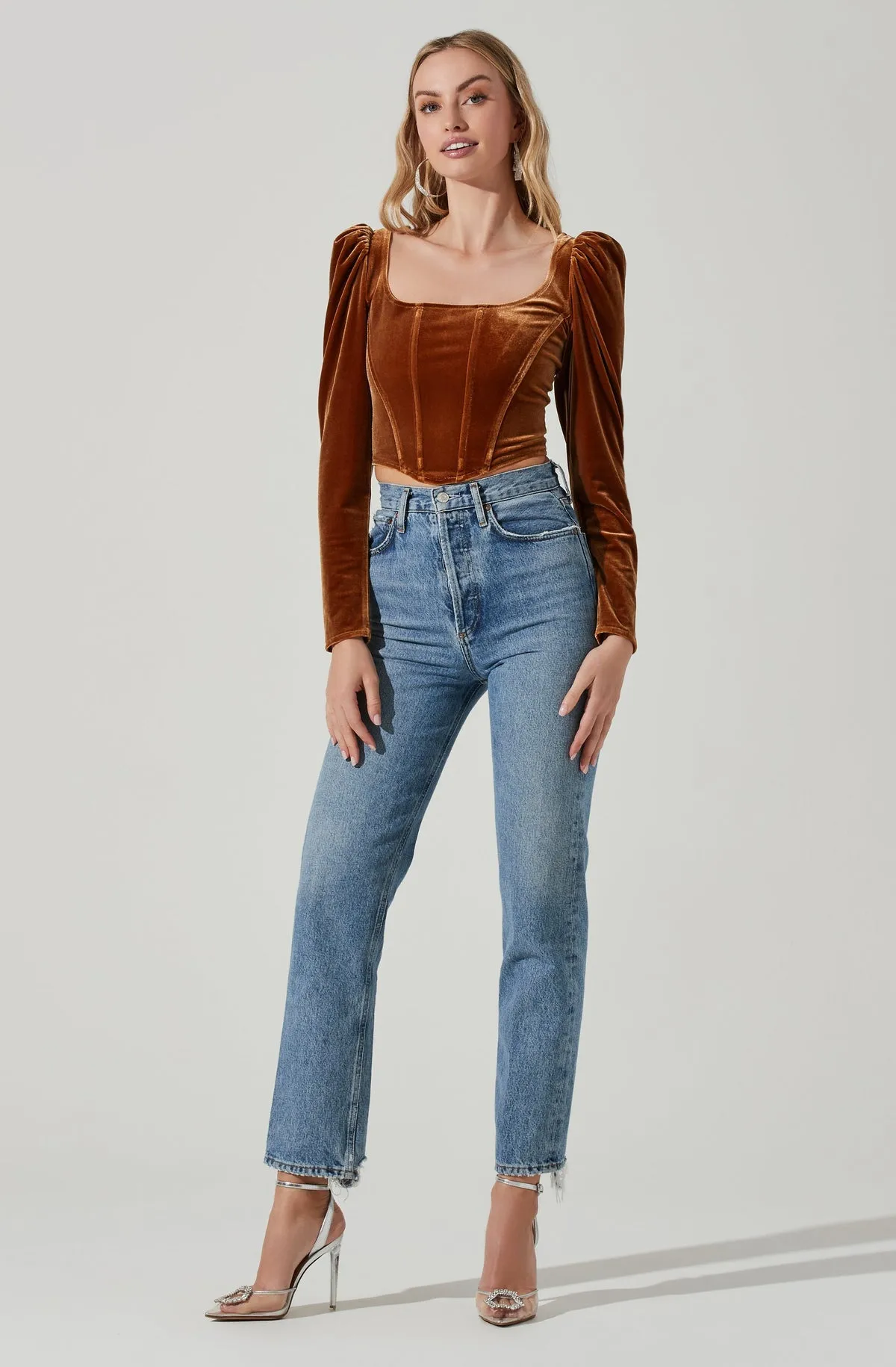 ASTR The Label Ashbury Velvet Corset Long Sleeve Top in Gold