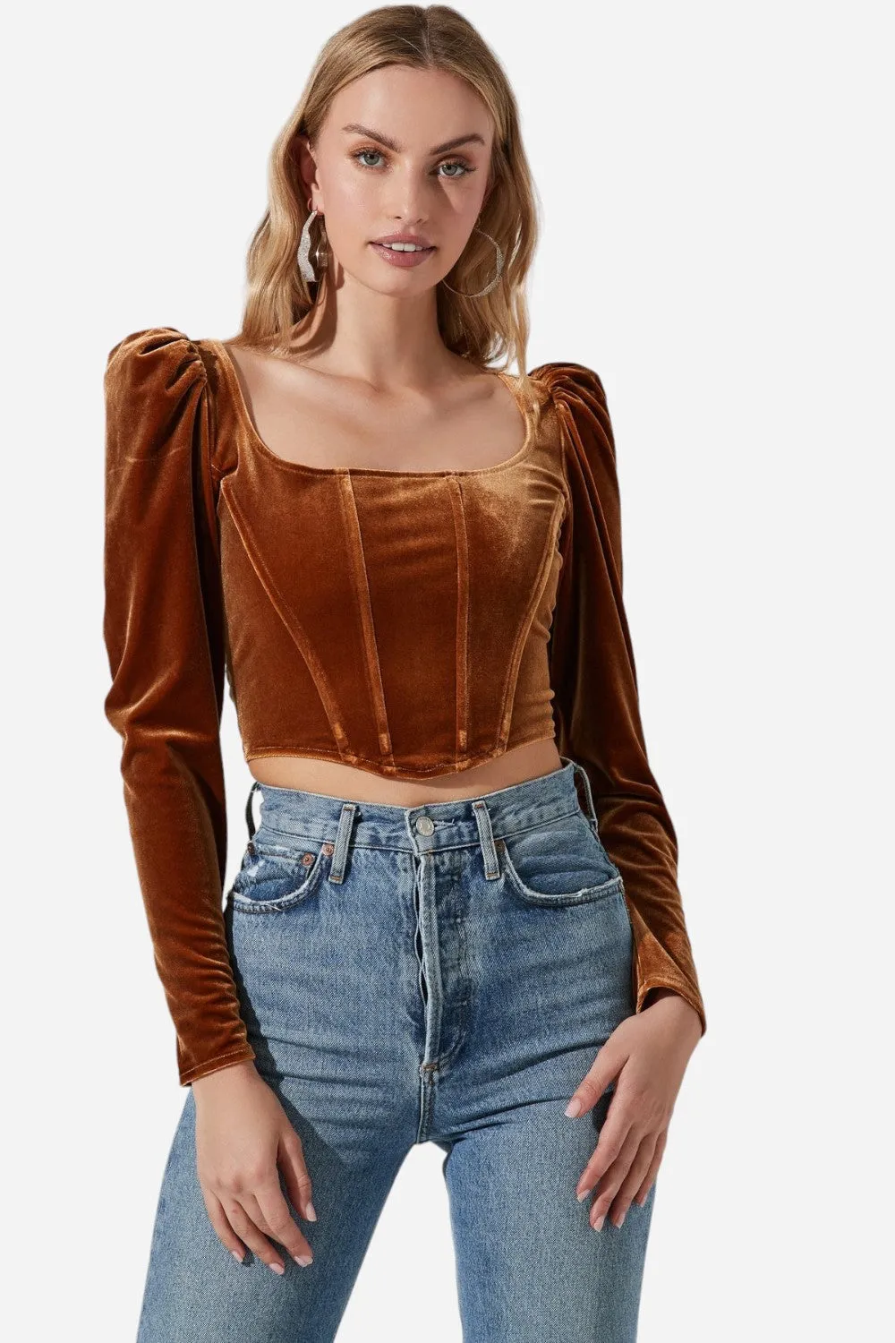 ASTR The Label Ashbury Velvet Corset Long Sleeve Top in Gold