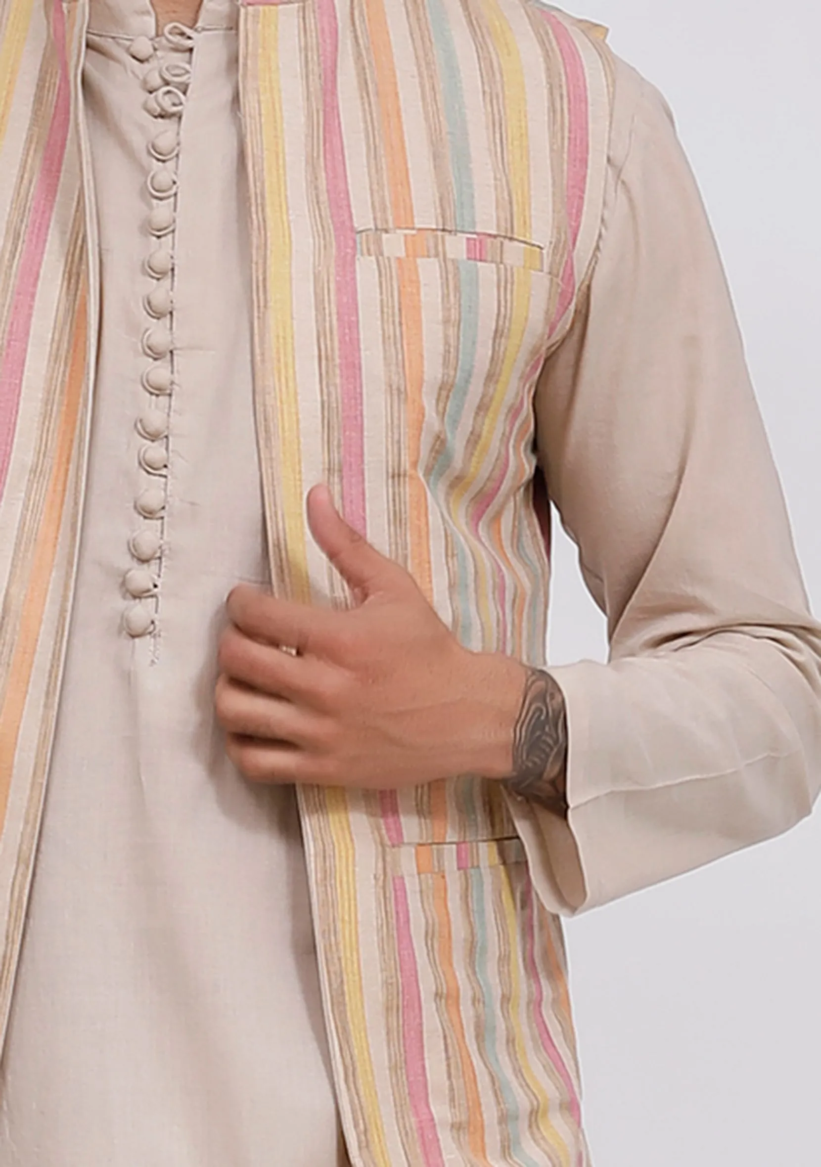 Beige Stripe Nehru Jacket