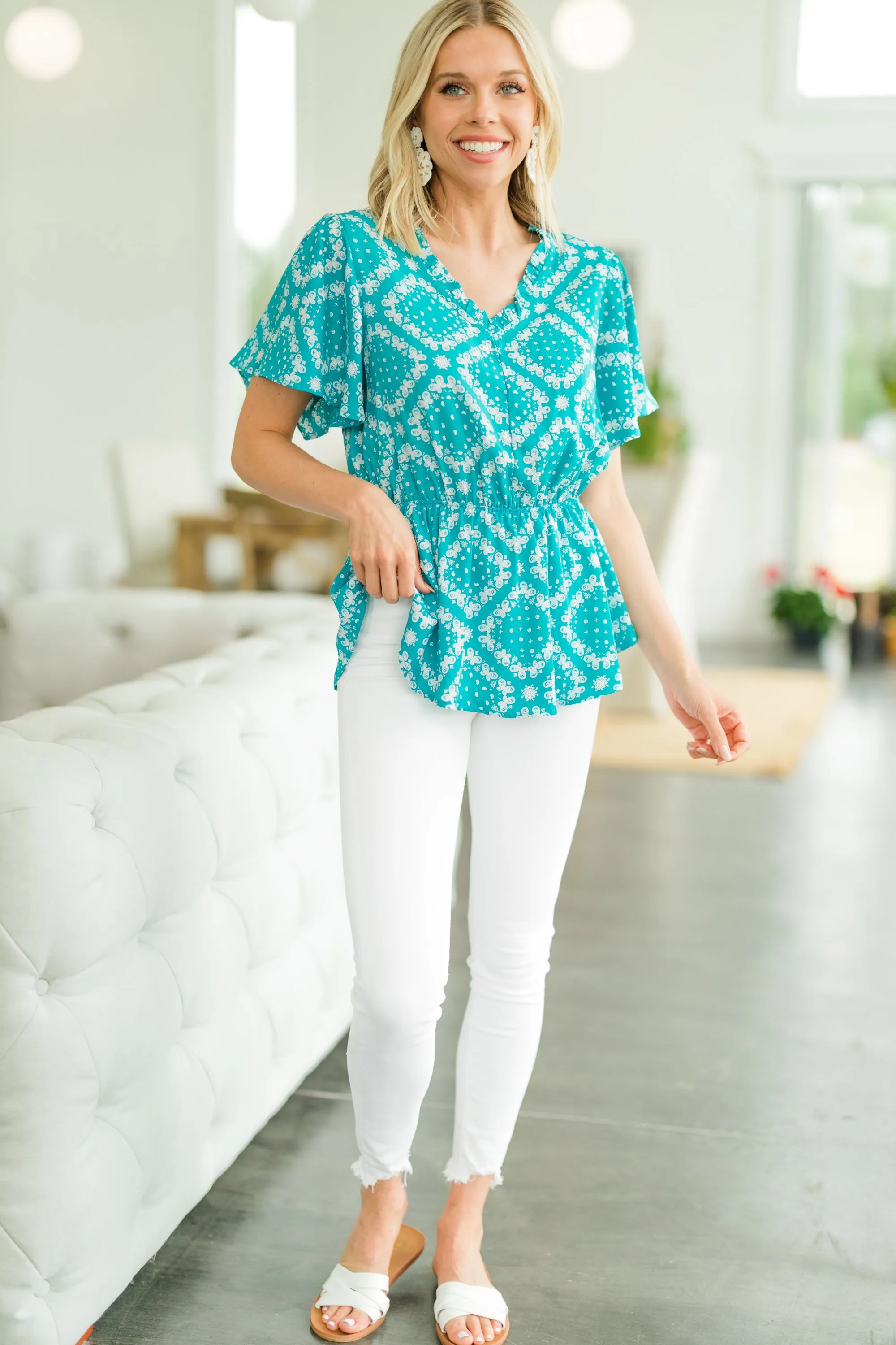 Better Get Going Emerald Blue Ruffled Blouse