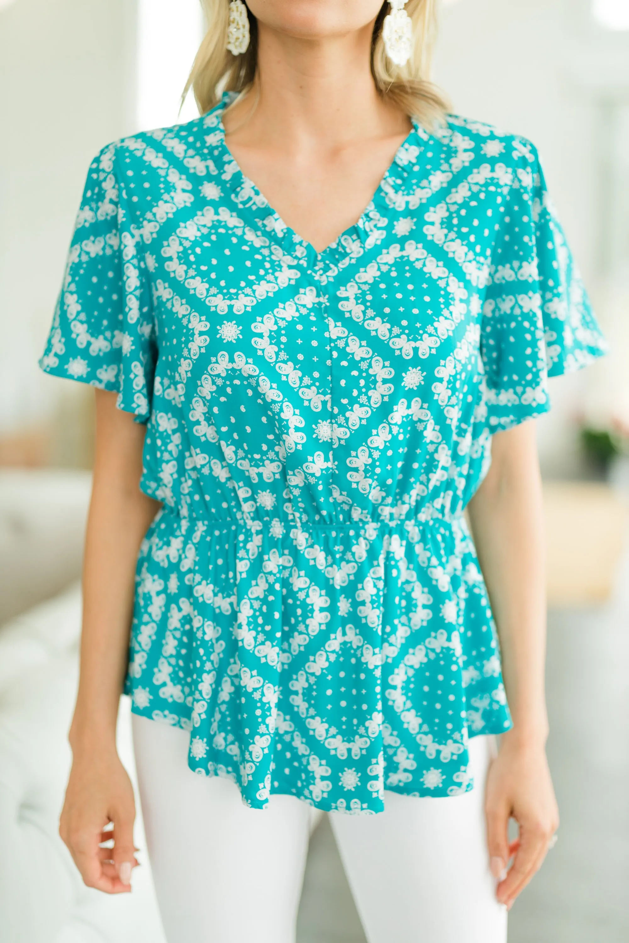 Better Get Going Emerald Blue Ruffled Blouse