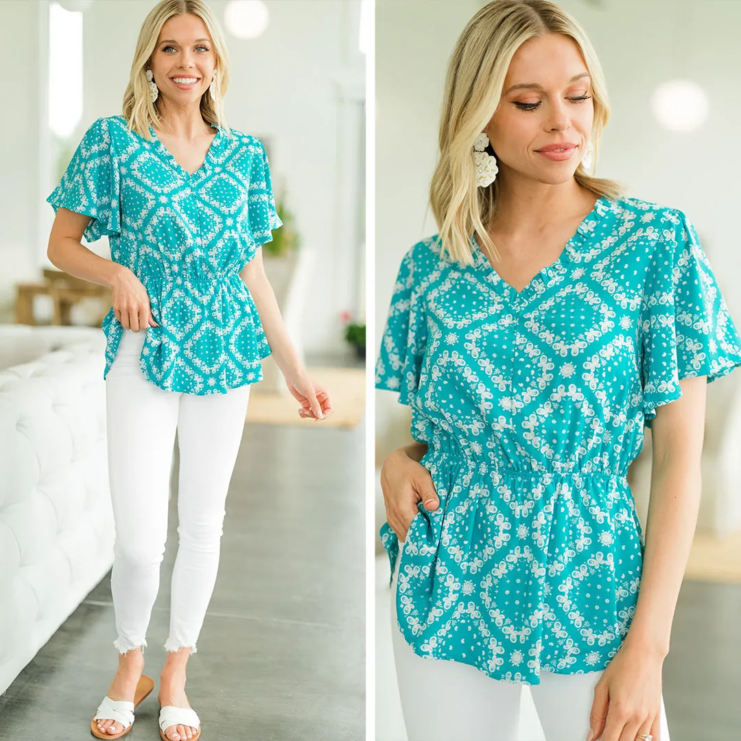 Better Get Going Emerald Blue Ruffled Blouse