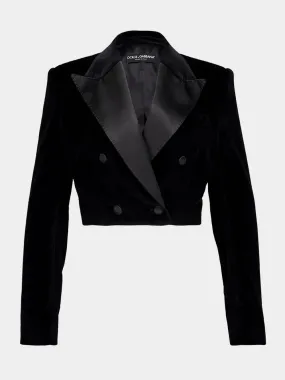 Black Cropped Double-Breasted Velvet Tuxedo Blazer