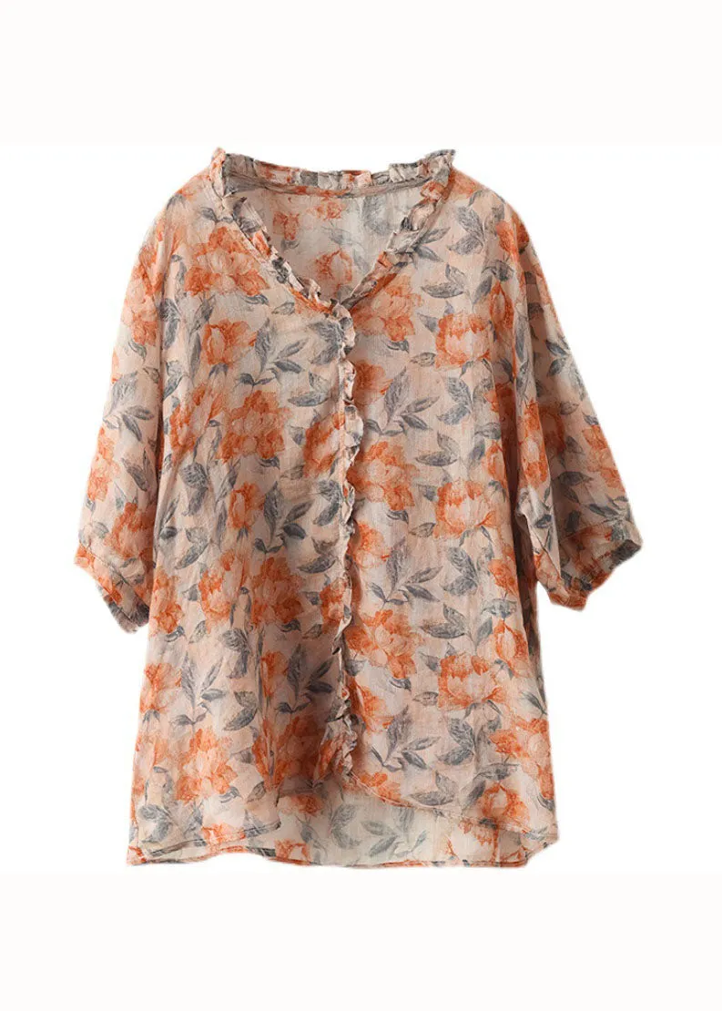 Bohemian Orange Ruffled Print Patchwork Linen Blouses Summer LY6257