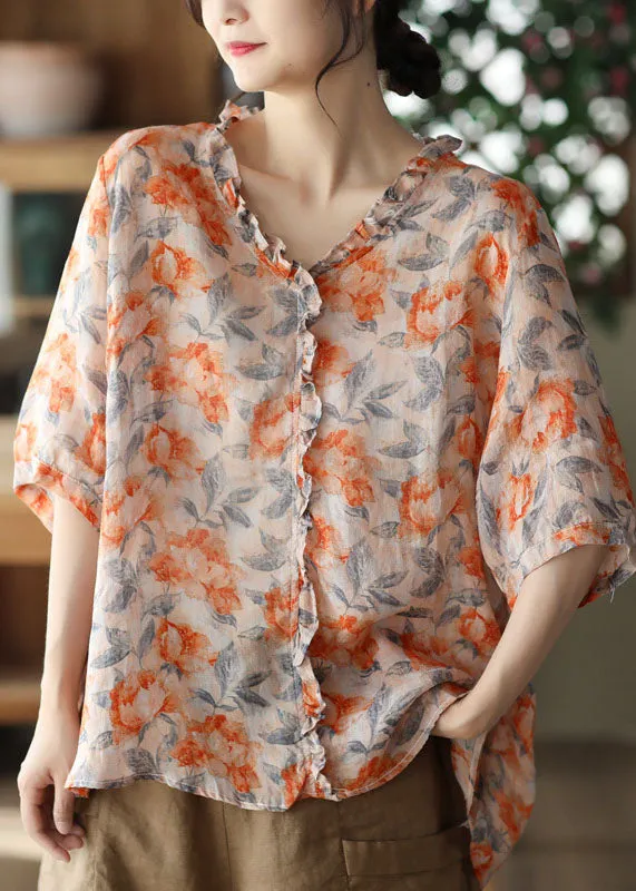 Bohemian Orange Ruffled Print Patchwork Linen Blouses Summer LY6257