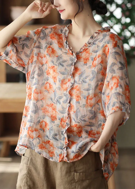 Bohemian Orange Ruffled Print Patchwork Linen Blouses Summer LY6257