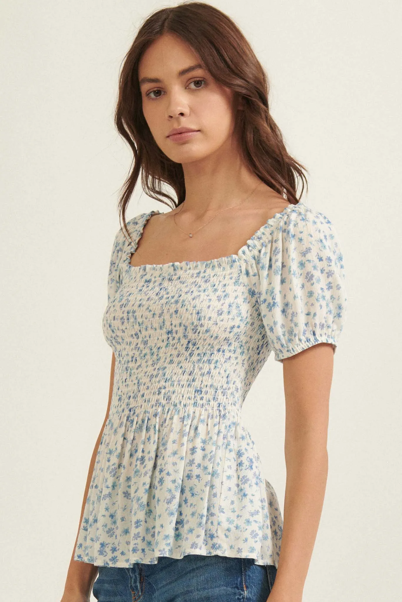 Bright Breeze Smocked Floral Babydoll Top