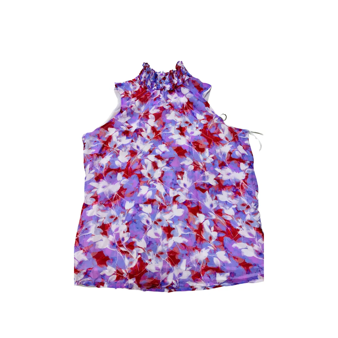 Calvin Klein Floral-Print Smocked-Neck Top, Size Large