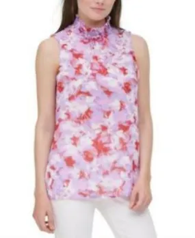 Calvin Klein Floral-Print Smocked-Neck Top, Size Large