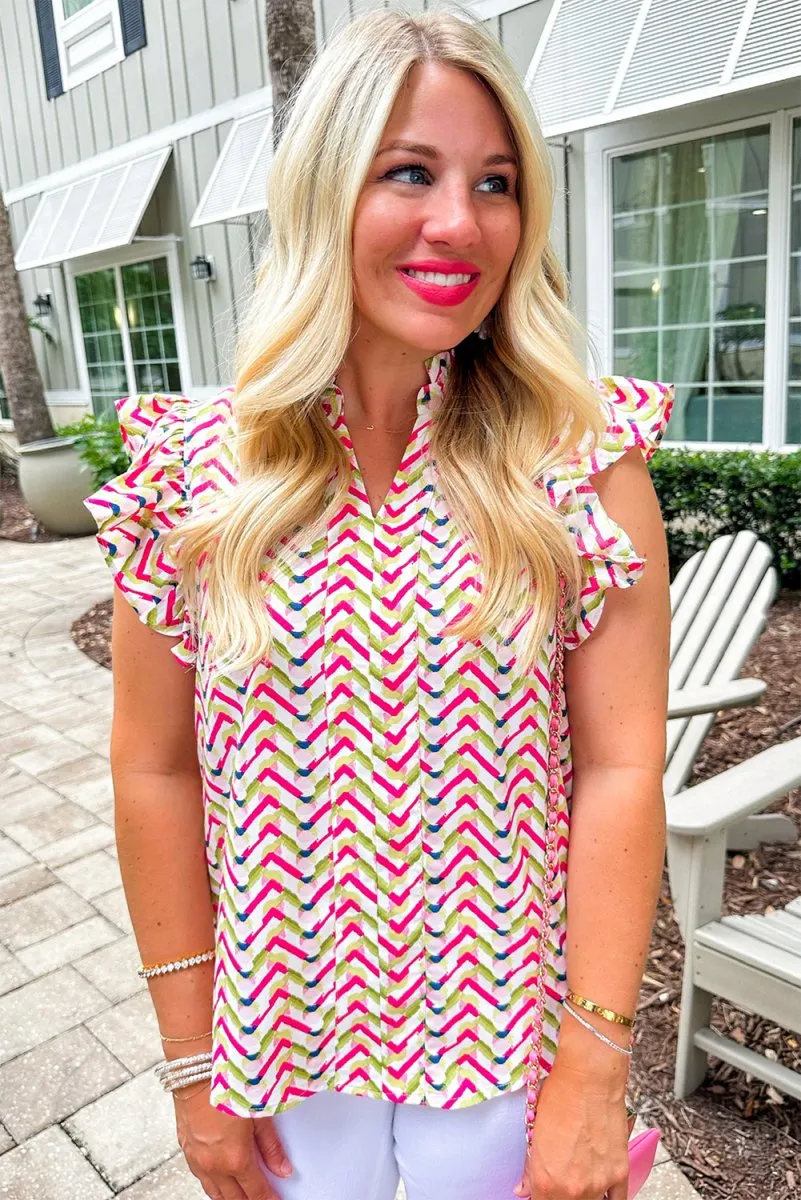 Chevron Ruffled Multicolor Fuchsia Blouse