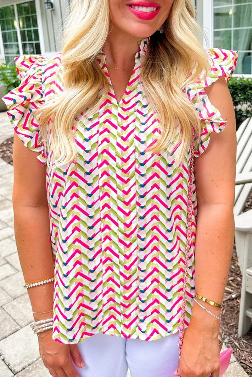 Chevron Ruffled Multicolor Fuchsia Blouse