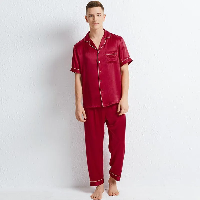 Classic Short Sleeves Silk Pajamas Set for Men 100% Mulberry Silk Nightwear Sleepwear