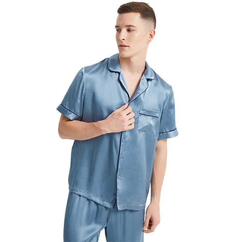 Classic Short Sleeves Silk Pajamas Set for Men 100% Mulberry Silk Nightwear Sleepwear