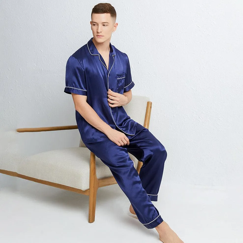 Classic Short Sleeves Silk Pajamas Set for Men 100% Mulberry Silk Nightwear Sleepwear