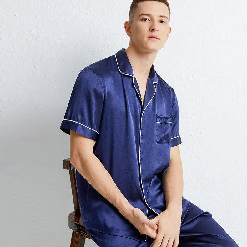 Classic Short Sleeves Silk Pajamas Set for Men 100% Mulberry Silk Nightwear Sleepwear