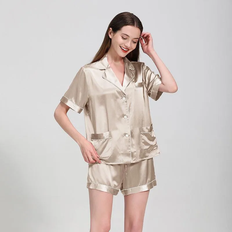 Classic Short Sleeves Silk Pyjamas Set 100% Pure Silk Shorts Sleepwear For Womens