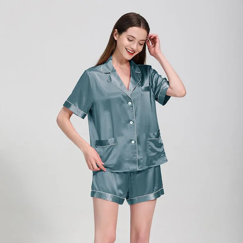 Classic Short Sleeves Silk Pyjamas Set 100% Pure Silk Shorts Sleepwear For Womens