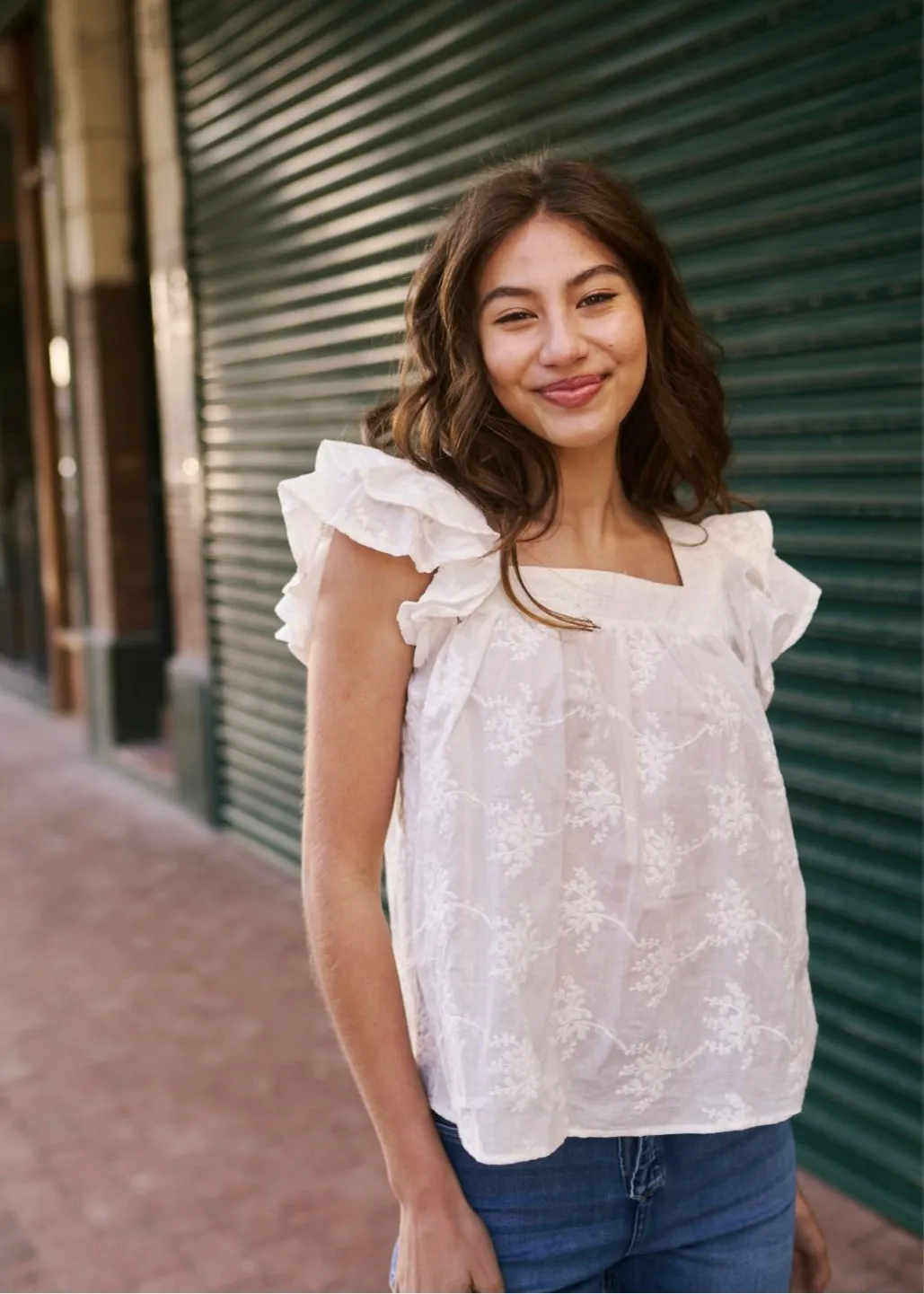 Cotton Frill Sleeved Blouse with Floral Embroidery in White