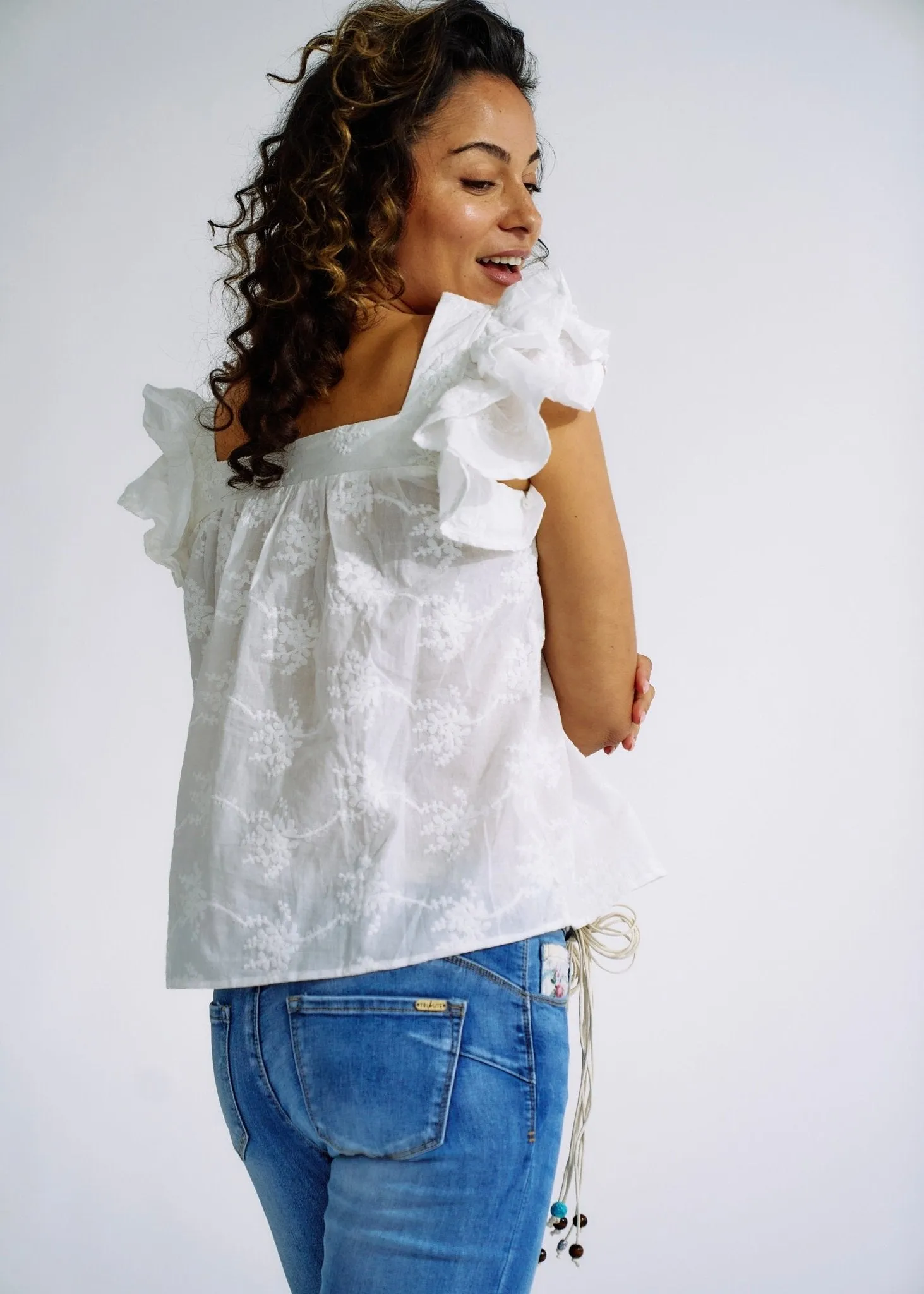 Cotton Frill Sleeved Blouse with Floral Embroidery in White