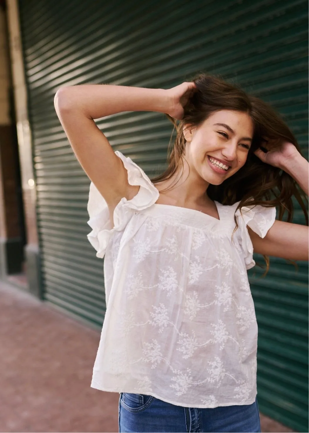 Cotton Frill Sleeved Blouse with Floral Embroidery in White