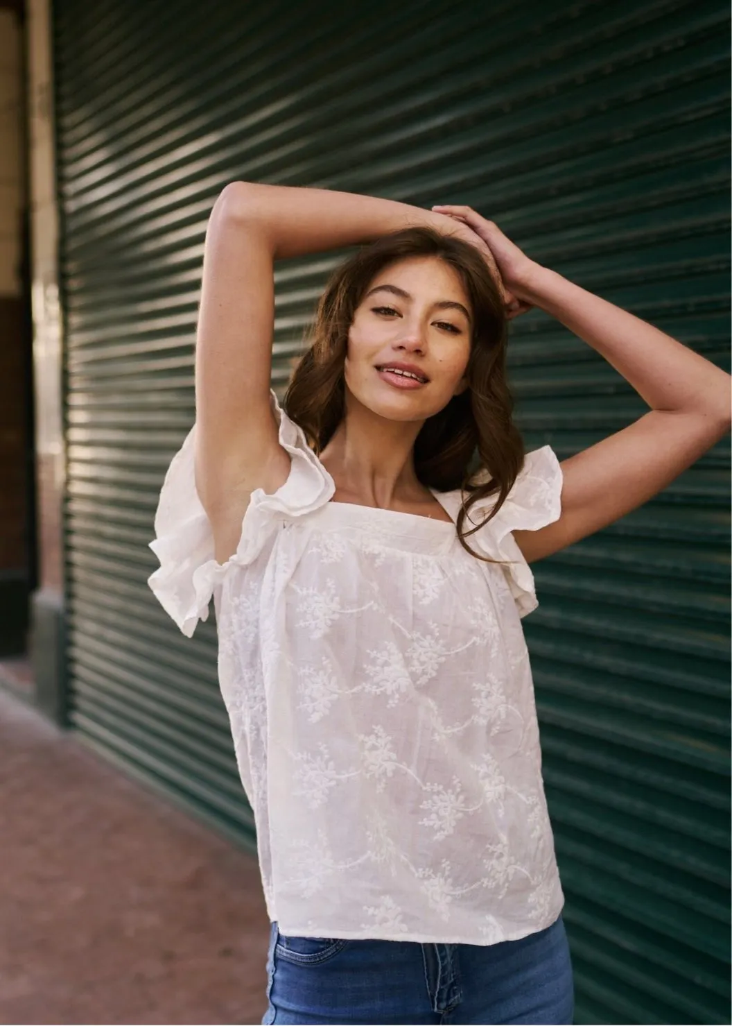 Cotton Frill Sleeved Blouse with Floral Embroidery in White