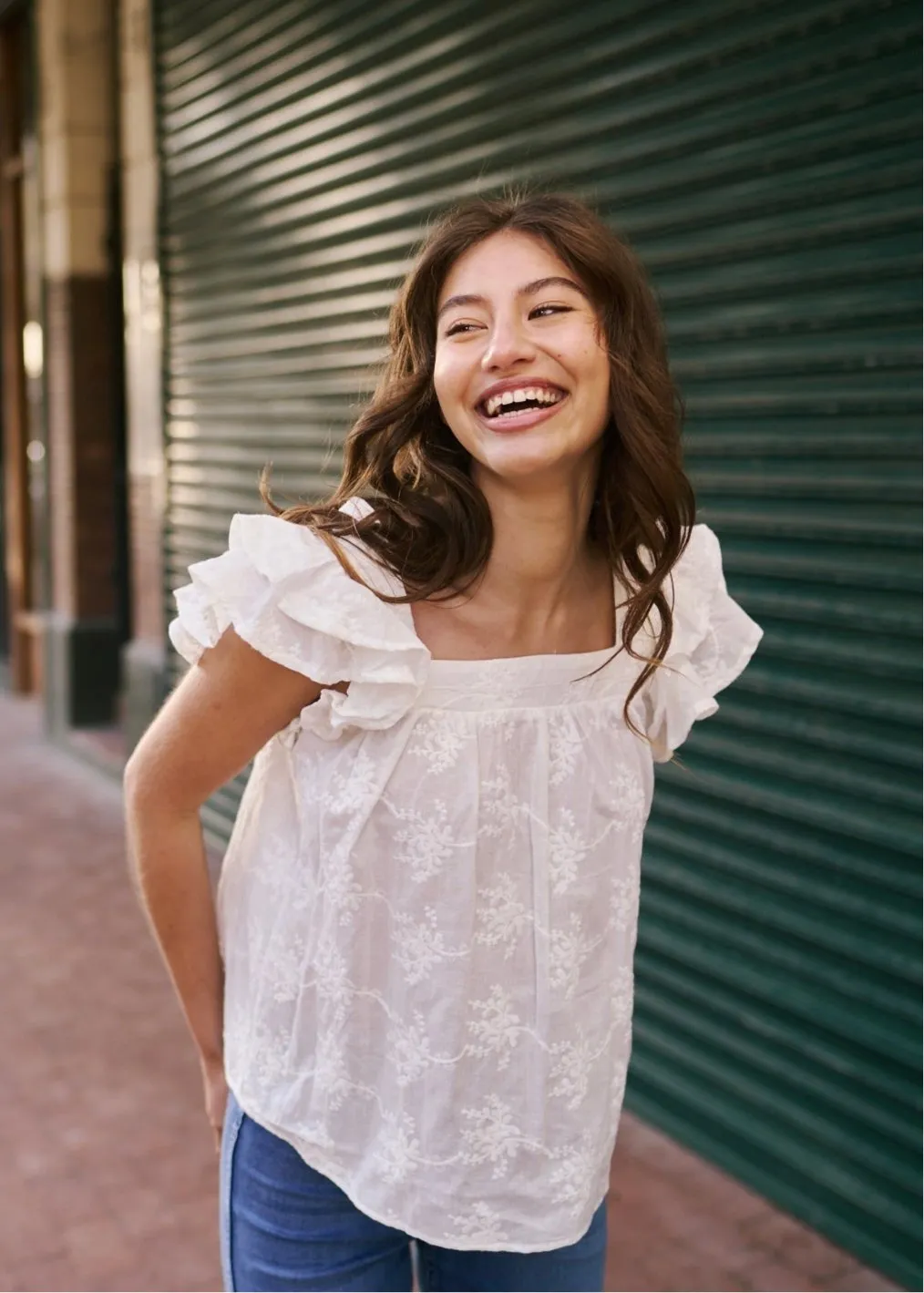 Cotton Frill Sleeved Blouse with Floral Embroidery in White