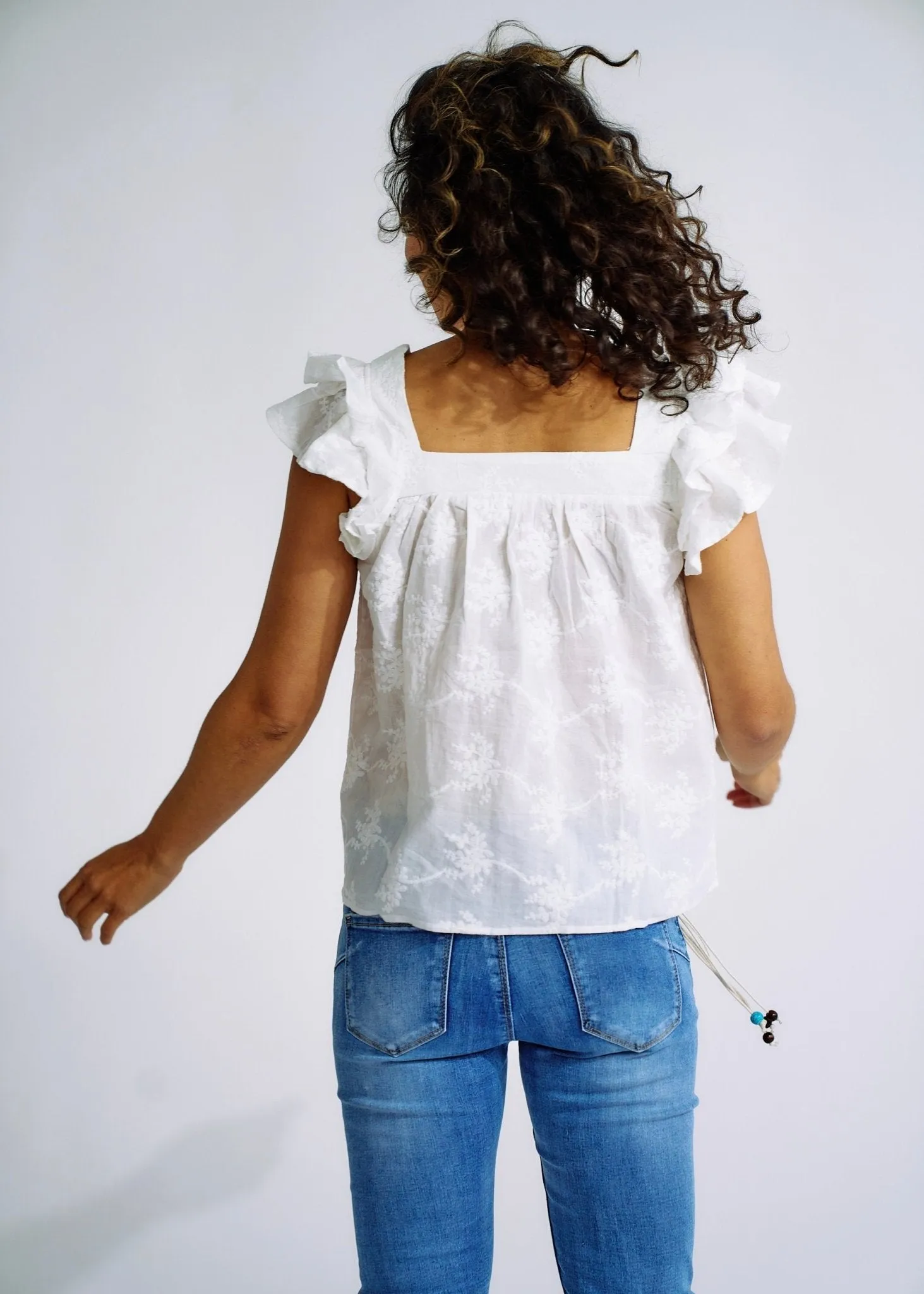 Cotton Frill Sleeved Blouse with Floral Embroidery in White