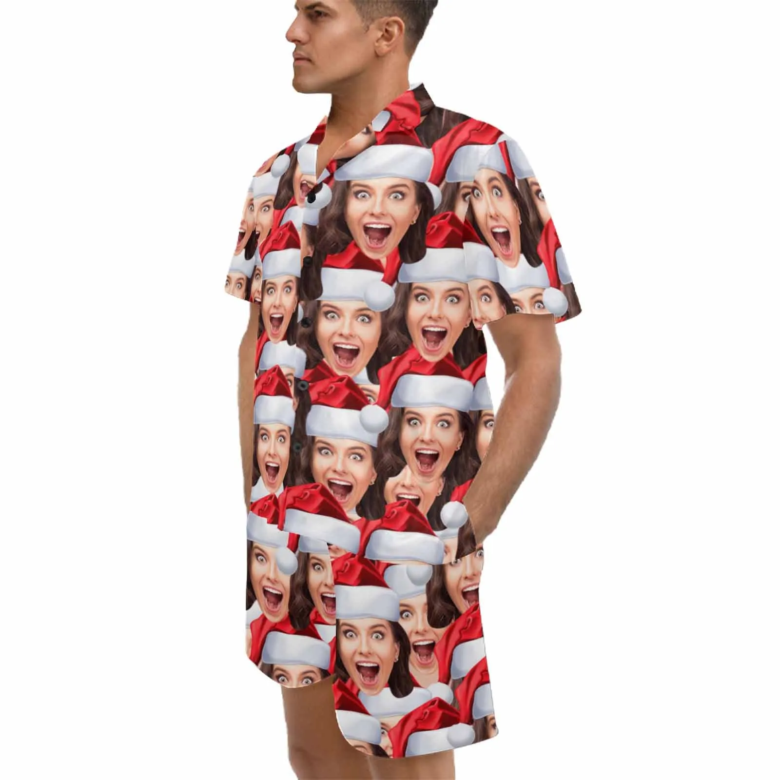 Couple Matching V-Neck Short Pajamas Custom Seamless Face Christmas Hat Pajama Sets Sleepwear Loungewear